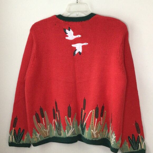 Orvis Vintage Red Flying Geese Sweater W/Green Trim, Cat Tails Cardigan Size XL - Picture 2 of 8
